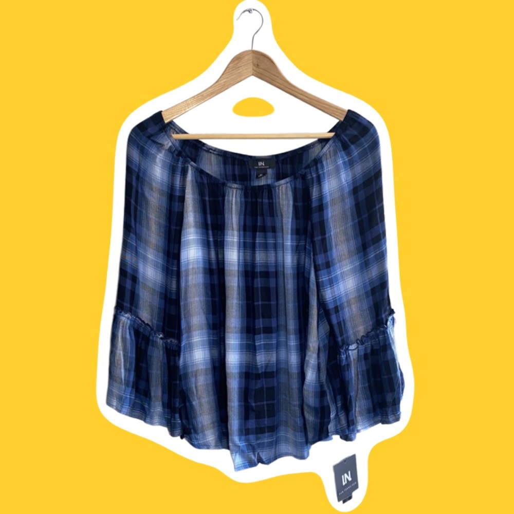 NWT Navy Plaid off the Shoulder Top